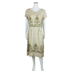 Vintage 1950s Beige Linen Dress Yellow Embroidery Volup | W 35"